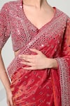 Buy_OHH CROW_Coral Silk, Tissue, Satin Mirrors, Tassels V-neck Work Saree With Blouse _Online