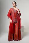 Shop_OHH CROW_Red Silk, Tissue, Organza Mirrors V-neck Work Kurta Set _Online_at_Aza_Fashions