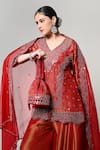 OHH CROW_Red Silk, Tissue, Organza Mirrors V-neck Work Kurta Set 