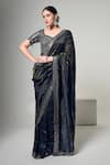 Buy_OHH CROW_Blue Silk, Tissue, Satin Mirrors V-neck Border Embroidered Saree With Blouse _at_Aza_Fashions