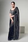 OHH CROW_Blue Silk, Tissue, Satin Mirrors V-neck Border Embroidered Saree With Blouse _Online_at_Aza_Fashions