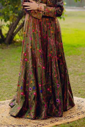 Punit Balana_Green Chanderi Silk V-neck, Collared Floral Print Jacket Skirt Set _Online_at_Aza_Fashions