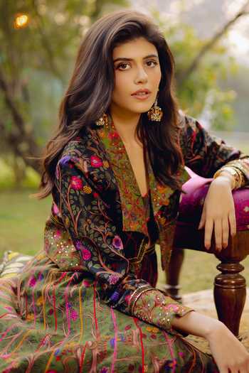 Buy_Punit Balana_Green Chanderi Silk V-neck, Collared Floral Print Jacket Skirt Set _Online_at_Aza_Fashions