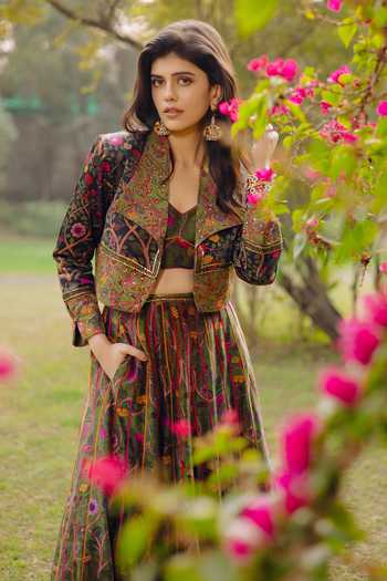 Shop_Punit Balana_Green Chanderi Silk V-neck, Collared Floral Print Jacket Skirt Set _Online_at_Aza_Fashions