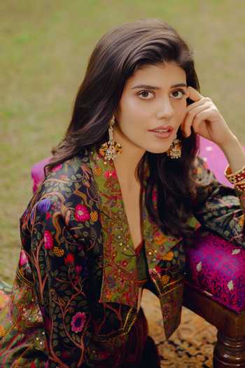Punit Balana_Green Chanderi Silk V-neck, Collared Floral Print Jacket Skirt Set _at_Aza_Fashions