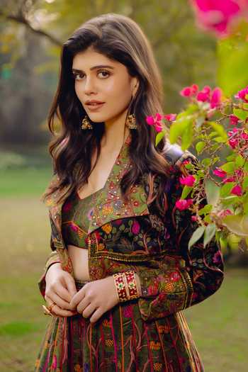 Buy_Punit Balana_Green Chanderi Silk V-neck, Collared Floral Print Jacket Skirt Set 