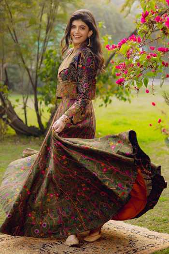 Punit Balana_Green Chanderi Silk V-neck, Collared Floral Print Jacket Skirt Set _Online