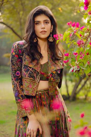 Buy_Punit Balana_Green Chanderi Silk V-neck, Collared Floral Print Jacket Skirt Set _Online