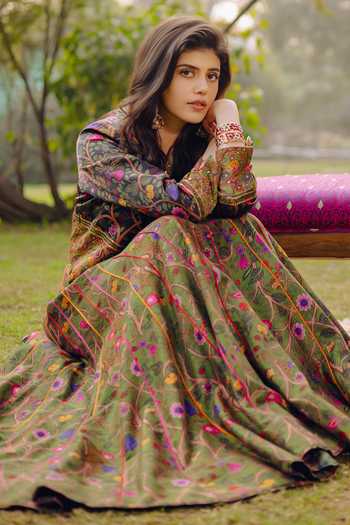 Shop_Punit Balana_Green Chanderi Silk V-neck, Collared Floral Print Jacket Skirt Set _Online