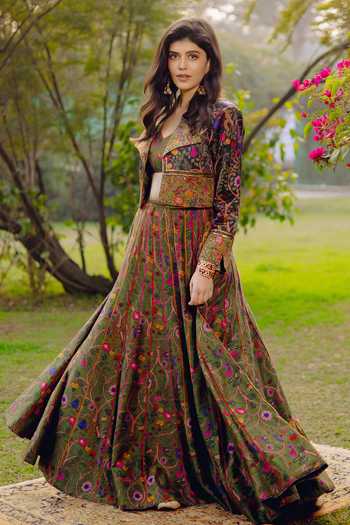 Punit Balana_Green Chanderi Silk V-neck, Collared Floral Print Jacket Skirt Set 