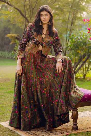 Punit Balana_Green Chanderi Silk V-neck, Collared Floral Print Jacket Skirt Set 
