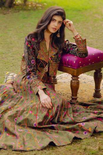 Punit Balana_Green Chanderi Silk V-neck, Collared Floral Print Jacket Skirt Set 