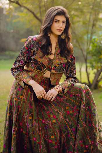 Punit Balana_Green Chanderi Silk V-neck, Collared Floral Print Jacket Skirt Set 