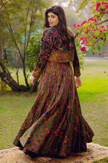 Shop_Punit Balana_Green Chanderi Silk V-neck, Collared Floral Print Jacket Skirt Set _at_Aza_Fashions