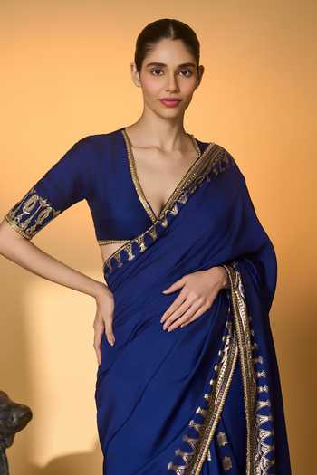Masaba_Blue Silk Sequins, Tassels, Foil Amber Arches Saree With Unstitched Blouse Piece _Online_at_Aza_Fashions