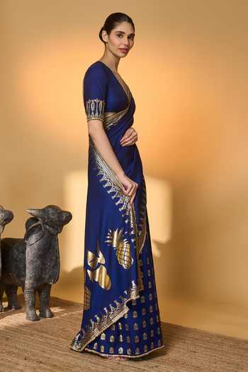 Buy_Masaba_Blue Silk Sequins, Tassels, Foil Amber Arches Saree With Unstitched Blouse Piece _Online_at_Aza_Fashions