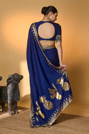 Shop_Masaba_Blue Silk Sequins, Tassels, Foil Amber Arches Saree With Unstitched Blouse Piece _at_Aza_Fashions