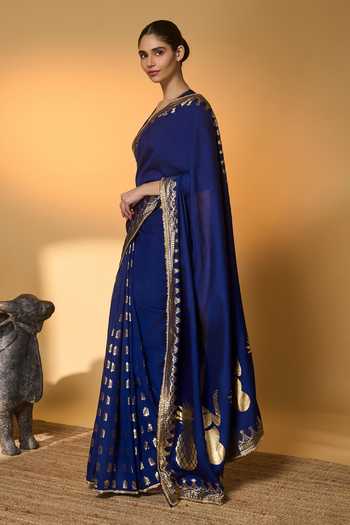 Shop_Masaba_Blue Silk Sequins, Tassels, Foil Amber Arches Saree With Unstitched Blouse Piece _Online_at_Aza_Fashions