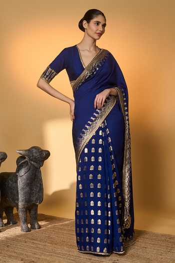 Masaba_Blue Silk Sequins, Tassels, Foil Amber Arches Saree With Unstitched Blouse Piece _at_Aza_Fashions