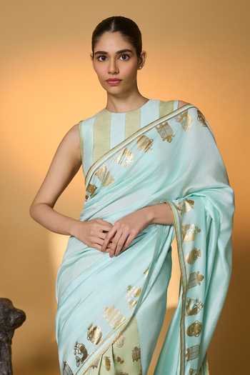 Masaba_Blue Silk Gota Patti, Foil All Charms Saree With Unstitched Blouse Piece _Online_at_Aza_Fashions