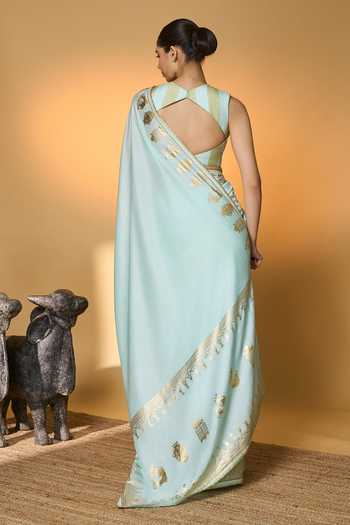Shop_Masaba_Blue Silk Gota Patti, Foil All Charms Saree With Unstitched Blouse Piece _at_Aza_Fashions