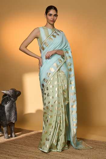 Buy_Masaba_Blue Silk Gota Patti, Foil All Charms Saree With Unstitched Blouse Piece _at_Aza_Fashions