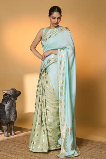 Buy_Masaba_Blue Silk Gota Patti, Foil All Charms Saree With Unstitched Blouse Piece _Online_at_Aza_Fashions