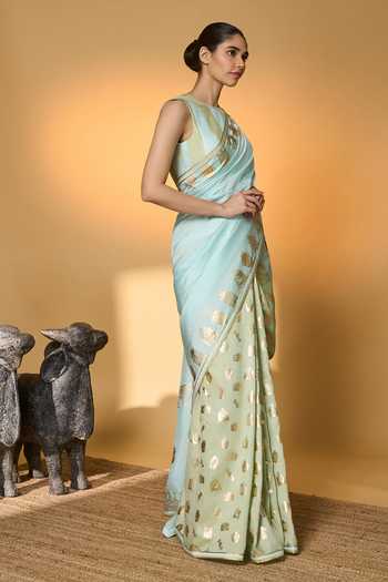 Shop_Masaba_Blue Silk Gota Patti, Foil All Charms Saree With Unstitched Blouse Piece _Online_at_Aza_Fashions