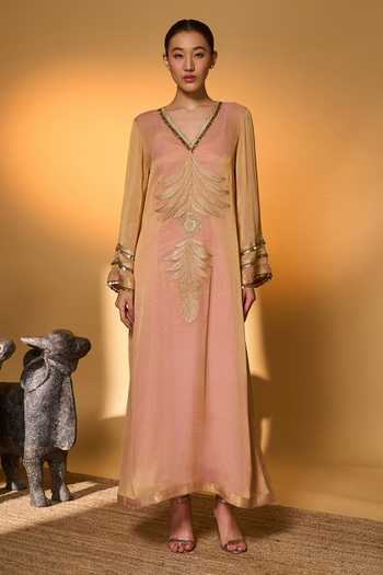 Masaba_Pink Silk, Tissue, Crepe Embroidery, Foil Printing Moonfield Kaftan With Slip _Online_at_Aza_Fashions