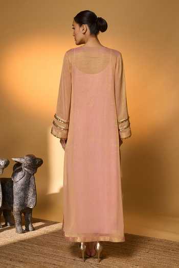 Shop_Masaba_Pink Silk, Tissue, Crepe Embroidery, Foil Printing Moonfield Kaftan With Slip _at_Aza_Fashions