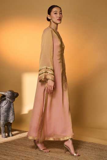 Buy_Masaba_Pink Silk, Tissue, Crepe Embroidery, Foil Printing Moonfield Kaftan With Slip _Online_at_Aza_Fashions