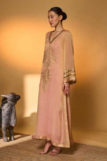 Shop_Masaba_Pink Silk, Tissue, Crepe Embroidery, Foil Printing Moonfield Kaftan With Slip _Online_at_Aza_Fashions