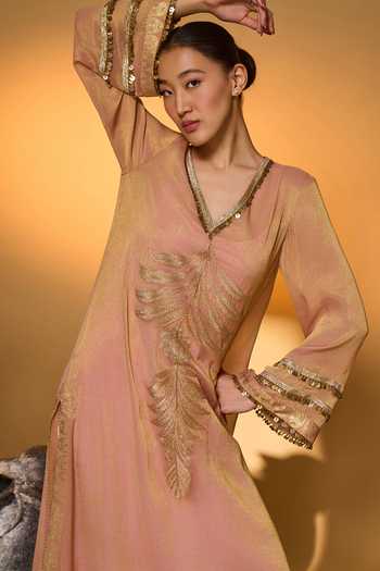 Masaba_Pink Silk, Tissue, Crepe Embroidery, Foil Printing Moonfield Kaftan With Slip _at_Aza_Fashions