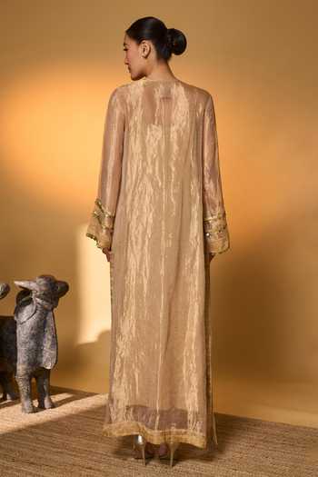 Shop_Masaba_Gold Tissue, Crepe, Silk Gota Patti, Foil Moonfield Tales Kaftan With Slip _at_Aza_Fashions