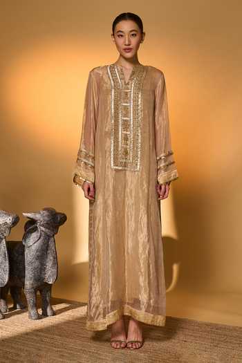 Buy_Masaba_Gold Tissue, Crepe, Silk Gota Patti, Foil Moonfield Tales Kaftan With Slip _Online_at_Aza_Fashions