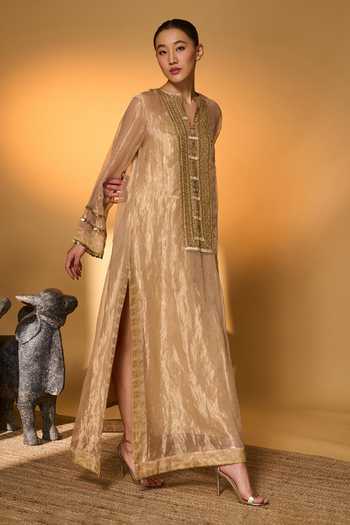 Shop_Masaba_Gold Tissue, Crepe, Silk Gota Patti, Foil Moonfield Tales Kaftan With Slip _Online_at_Aza_Fashions