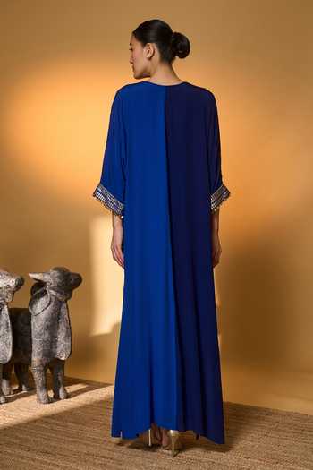 Shop_Masaba_Blue Silk, Crepe, Shantoon Zari, Tassels, Foil Printing Moonlight Melody Kaftan _at_Aza_Fashions