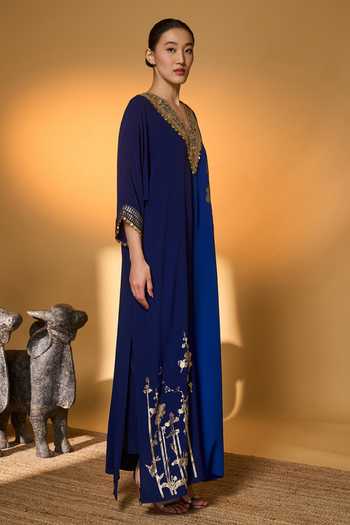 Buy_Masaba_Blue Silk, Crepe, Shantoon Zari, Tassels, Foil Printing Moonlight Melody Kaftan _Online_at_Aza_Fashions