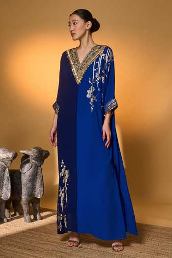 Buy_Masaba_Blue Silk, Crepe, Shantoon Zari, Tassels, Foil Printing Moonlight Melody Kaftan _at_Aza_Fashions