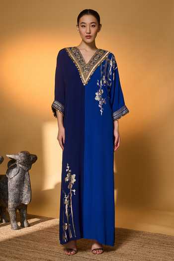 Shop_Masaba_Blue Silk, Crepe, Shantoon Zari, Tassels, Foil Printing Moonlight Melody Kaftan _Online_at_Aza_Fashions