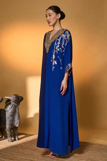 Masaba_Blue Silk, Crepe, Shantoon Zari, Tassels, Foil Printing Moonlight Melody Kaftan _at_Aza_Fashions