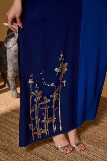 Buy_Masaba_Blue Silk, Crepe, Shantoon Zari, Tassels, Foil Printing Moonlight Melody Kaftan 