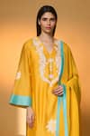 Masaba_Yellow Chanderi, Organza Embroidery, Tassels V-neck Jungle Bakery Kurta Set _Online_at_Aza_Fashions