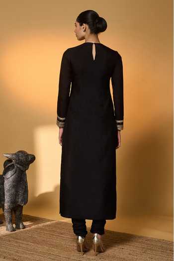 Shop_Masaba_Black Silk Sequins, Gota Patti, Lace Round Neck Khidki Embroidered Kurta Set _at_Aza_Fashions