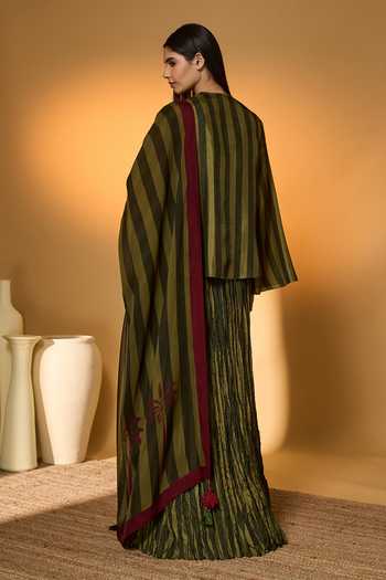 Shop_Masaba_Green Silk, Organza Tassels V-neck Anar Garden Printed Skirt Set _at_Aza_Fashions