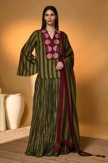 Buy_Masaba_Green Silk, Organza Tassels V-neck Anar Garden Printed Skirt Set _at_Aza_Fashions