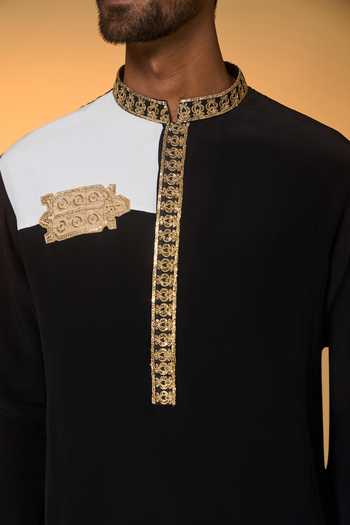 Masaba_Black Crepe, Silk Embroidery, Zari, Applique And White Turtle Tale Kurta Set _Online_at_Aza_Fashions