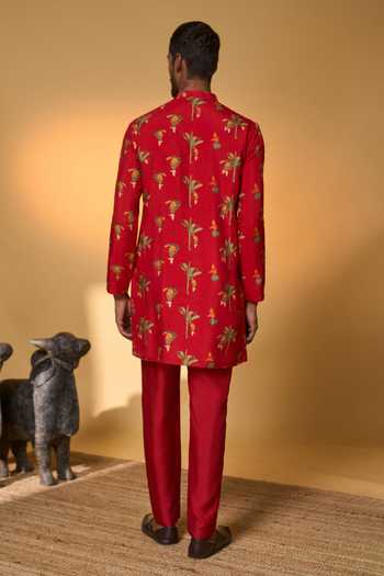 Shop_Masaba_Red Silk Tropical Print Kurta Set _at_Aza_Fashions