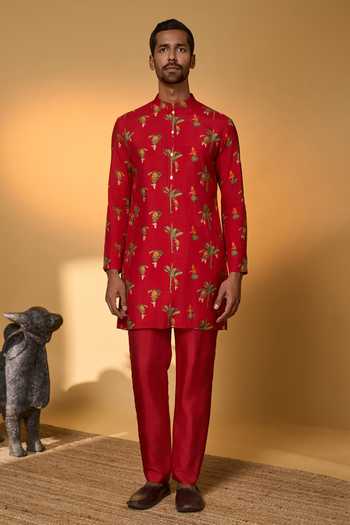 Masaba_Red Silk Tropical Print Kurta Set _Online_at_Aza_Fashions