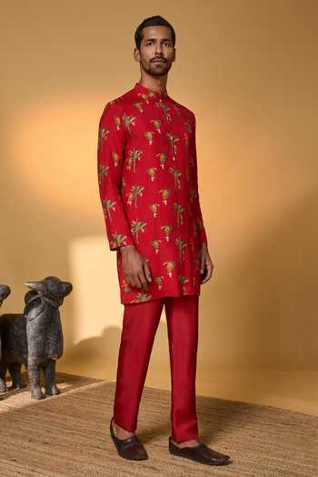Shop_Masaba_Red Silk Tropical Print Kurta Set _Online_at_Aza_Fashions